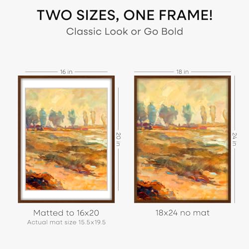 Image of Homeforia 18x24 Walnut Poster Frame, High End Dark Oak 18x24 Brown Wooden Picture Frames with Mat 16x20, 18 x 24 Wood Frame Matted to 16 by 20, 24x18 Hanging Frames, Tempered Glass, Wall Kit, Set of 1