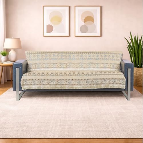 Image of Elegant Woven Beige Sofa Cover - Soft Chenille Traditional Pattern with Lace Style | L-Shape Sectional Seat Protector for Living Room | Durable & Stylish Slipcover 3 Seater Sofa Cover