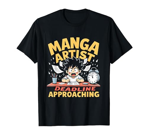 Manga Artist Deadline Approaching Anime Design T-Shirt, Men, Black, X-Large