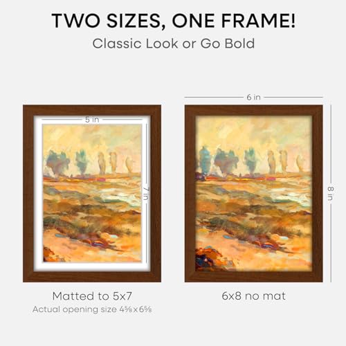 Image of Homeforia 6x8 Brown Oak Picture Frame, High-End Wood, 5x7 Mat, Glass | High End Solid Oak Wood, Tempered Glass, Acid-Free 5x7 Removable Mat, 6x8 Edge-to-Edge Display 8x6, Wall Kit, Set Of 1