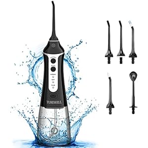 TUREWELL FC1591 monddouche, elektrische interdentale reiniger met 3 modi en 5 sproeiers, IPX7 waterdicht, 300 ml, draadloze monddouche, draagbare oplaadbare waterflosser voor familie en reizen