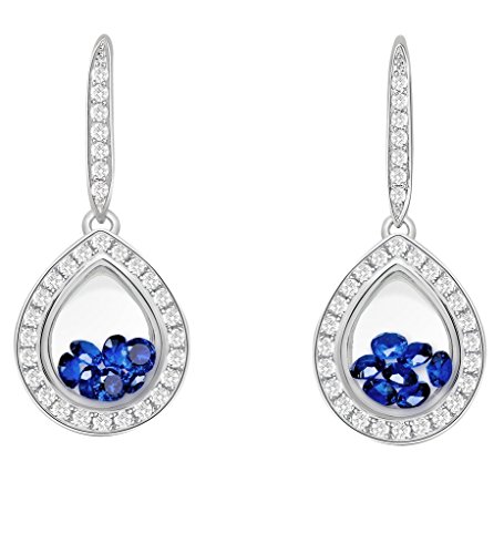 PARIKHS Pear Earring floating Dark Blue Cubic Zirconia inside -CZ border - Sterling Silver