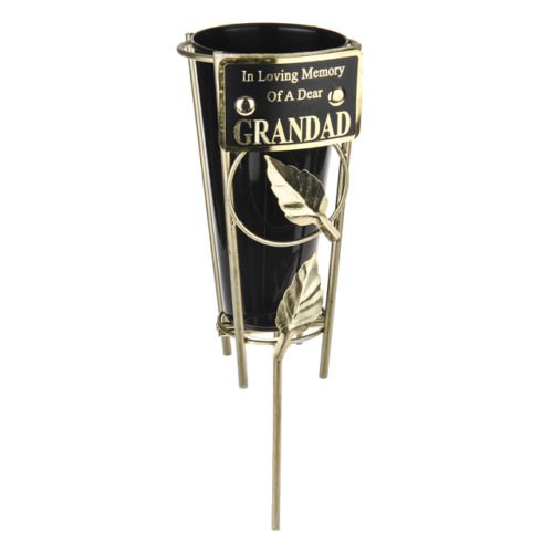 Cemetery Grave Vase with Metal Spike - In Loving Memory of a Dear GRANDAD plaque. Includes black plastic insert vase