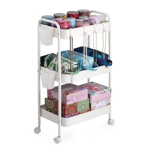 Sour Lemon Storage Cart 3 Tier Metal Utility Cart Rolling Trolley Organizer Cart with Wheels, Carbon Steel Slide Out Utility Cart Shelving Units Kitchen Bathroom Laundry Room