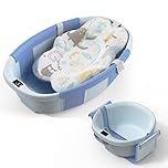 EzyWay Foldable Baby Bath Tub with Thermometer for Real Time Temperature, Temperature Sensing Drain Plug, Anti-Slip Legs Collapsible Tub with Cushion Pad (Blue)