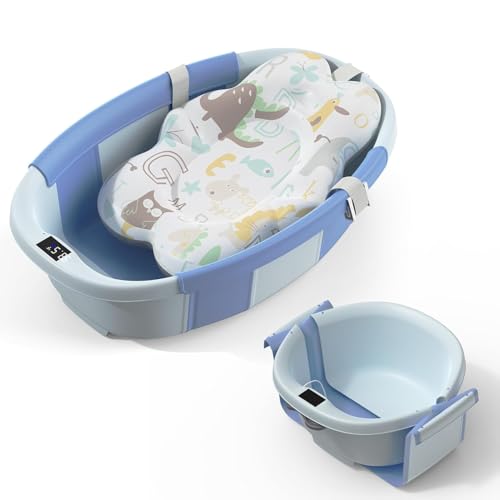 EzyWay Bañera plegable para bebé con termómetro para temperatura en tiempo real, tapón de drenaje con detección de temperatura, patas antideslizantes, bañera plegable con almohadilla de cojín (azul)