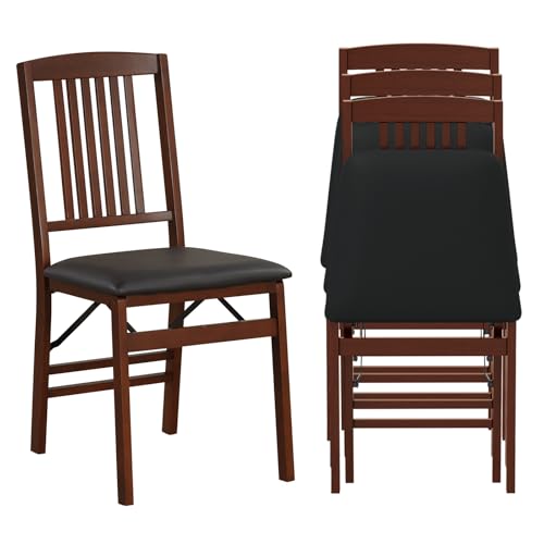 Image of COSTWAY Folding Dining Chairs Set of 4, Wooden Kitchen Side Chairs w /Padded Seat, Solid Wood Frame, 400 LBS Load Bearing, No Assembly Needed, Vintage Foldable Chairs for Dining Room, Living Room