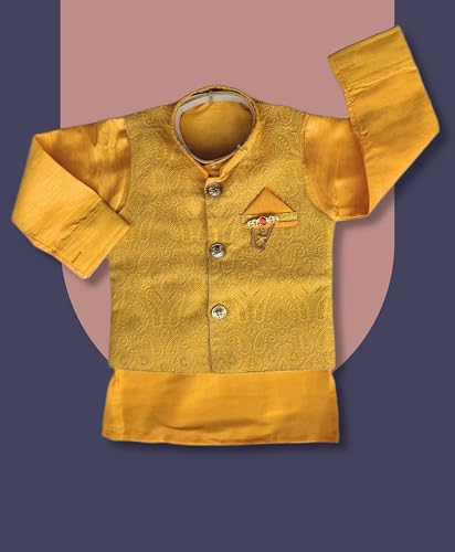 Image of Little Kids Ethnic Wear Kurta Pyjama and Waistcoat Set For Boys | Stylish Ethnic Wear | 3-piece set | Silk and Cotton Blend Fabric
