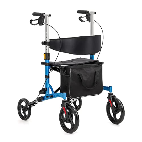 Double Folding Rolling Walkers for Seniors, Rolling Walkers with Seat, Lightweight Rollator Walkers with Aluminium Frame/Comfort Handles with Dual Braking System/Thick Backrest/ 4 Wheels(Blue)