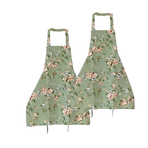 HUANR 2 Piezas Delantales de Cocina, Versión con Cordones Mandiles de Cocina, Correa Ajustable para el Cuello, Lona Delantal Mujer, con 2 Bolsillos Grandes para Cocinar, Jardinería, Limpieza