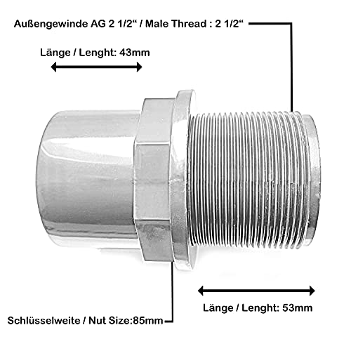 VMC Tankdurchlass PVC 63mm 75x63x2 1/2 mit 2 Klebemuffen 63mm Innendurchmesser 75mm Außendurchmesser mit 2 Dichtungen und Feststellmutter