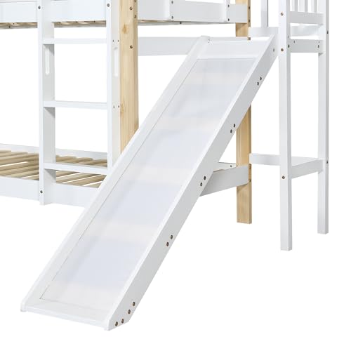 Rvjiahe Etagenbett mit Rutsche und dreistufiger Winkelaufstiegsleiter, Hausbett mit mit Absturzsicherung, Kinderbett, Bettrahmen aus Massivholz, Weiß+Natur, 90x200cm (Weiß+Natur, 90x200cm)
