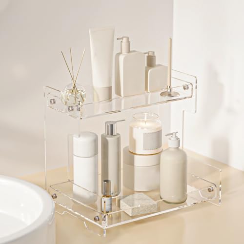 Acliys Bathroom Counter Organizer Countertop 2 Tier Storage Acrylic Corner Makeup Organizer for Perfume Stand Vanity Holder Dresser Tray Spice Rack Skincare Coffee Bar Room Decor (Clear)