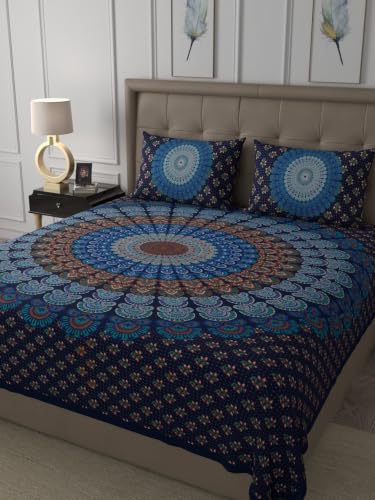 Image of JaipurFabric Double Bedsheet Set with 2 Pillow Covers and Cotton Bedsheet | Soft, Breathable, Fade Resistant, Skin-Friendly, Easy Care (Navy Blue) (90'' * 108'')