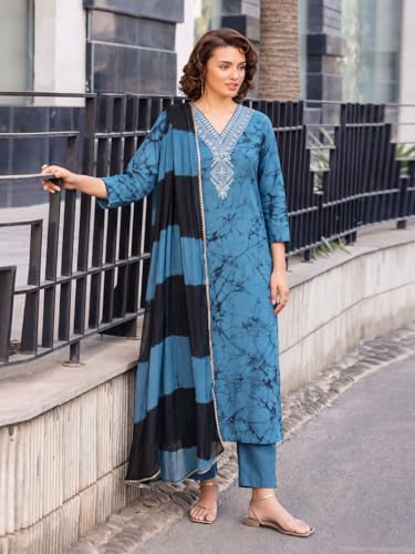 Image of ANNI Designer Kurta Sets for Women Cotton Blend Printed | Kurti Set for Woman | Kurta Pant Dupatta Set | 3 Piece Set Women | Straight Kurti | V Neck 3 /4 Sleeve Suit Set Stylish Ethnic Outfit Clothing