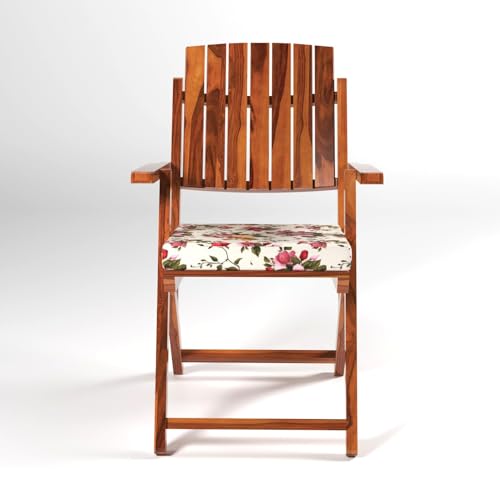 Image of Sheesham Wooden Brown Color with Printed Cushion Portable Foldable 4 Seater Chair with Table Set Outdoor Balcony Garden Coffee Table Set Furniture