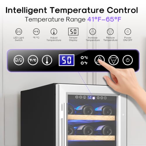 Image of ICEPURE 15 Inch Wine Fridge, Under Counter Small Wine Cooler Refrigerator | 28 Bottle, 41-65℉ Control, Double-layer Glass Door, Removable Shelves, Freestanding or Built-in for Home Kitchen Bar Office