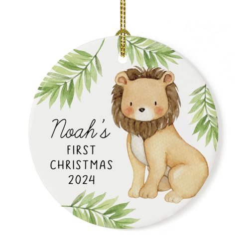 Andaz Press Personalized Round Porcelain Baby's Christmas Tree Ornament Gift, Baby Name's First Christmas 2024, Watercolor Lion, 1-Pack, Custom New Mom Dad Lion Ornament Lion Christmas Ornament