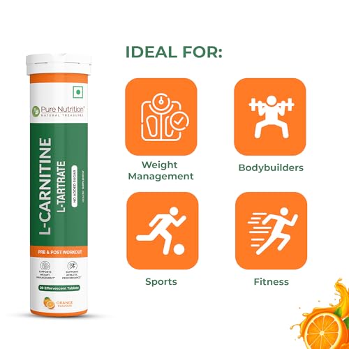 Image of Pure Nutrition L-Carnitine L-Tartrate 20 Effervescent Tablets (Orange Flavour) | Supplement for Pre & Post-Workout | Energy Recovery, Fat Burn & Lean Muscle Support | No Added Sugar