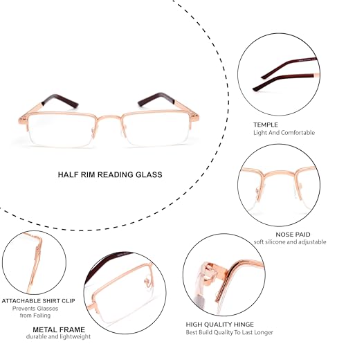 Image of Half Rim Reading Glass for Men and Women | Lightweight Rectangular Design | Scratch-Resistant Lens | Soft Silicone & Adjustable Nose Pads | Suitable for All Face Types