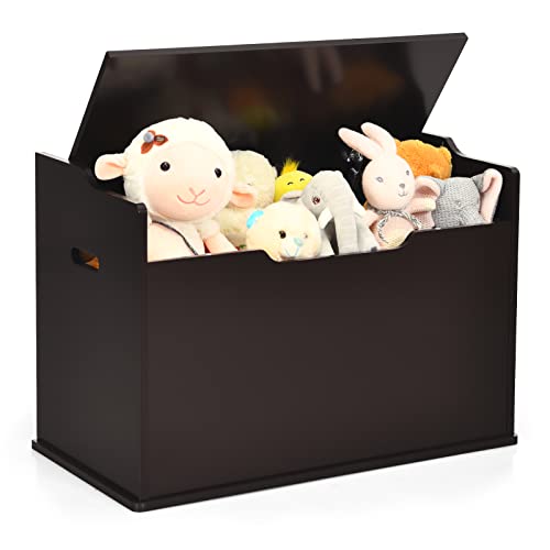 Costzon Modern Espresso Wooden Toy Chest with Bench Seat, Toy Storage Trunk Case, Finger-Pinch Prevention, Lift-Top Foot Rest Seat for Toddler Bedroom Playroom Entry