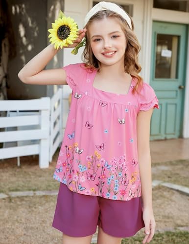 Image of Arshiner Girls Shirts Short Sleeve Square Neck Summer Lace Openwork Pleated Tops Blouse Tunic