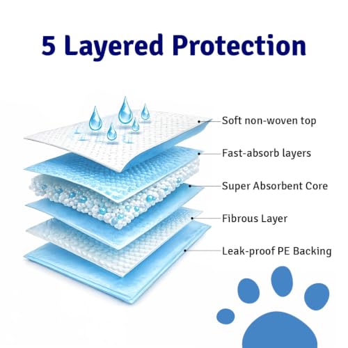 Image of Pet Pee Training Pads for Dogs, Cats & Puppies, 5 Layer Leak-Proof, Large, Quick Dry, Super Absorbent, Odour Control, Non-Slip, Indoor Potty Training (Disposable 50 Pads, 60x60 cm)