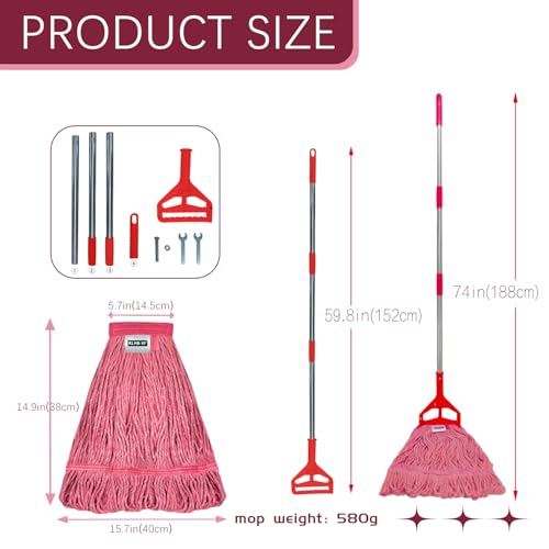 Image of Commercial Cotton Mop Heavy-Duty Industrial with 2 Replacement Heads 152 cm Handle Replacement mop Head (Pink)