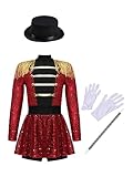 Nyeemya Disfraz de Domadora de Circo para Niña Ringmaster Vestido con Flecos Lentejuelas Cosplay Showman para Fiesta Halloween Carnaval Navidad Dress Up Rojo C 11-12 años