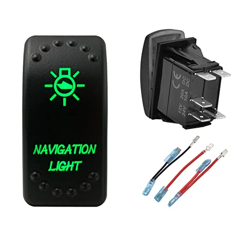 Image of Green Backlit Rocker Switch 5 Pin ON-Off Laser Etched Button Switch with Wires for Car Marine Boat UTV 20A /12V 10A /24V (Navigation Light)