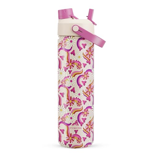 POWCAN 26 oz Insulated Water Bottle with 2-in-1 Straw and Spout Lid, Keep Cold 24H, Leak-Proof, Fits in Car Cup Holder, Stainless Steel Water Bottle for Sports, Travel, Gym, and School (Petal Path)