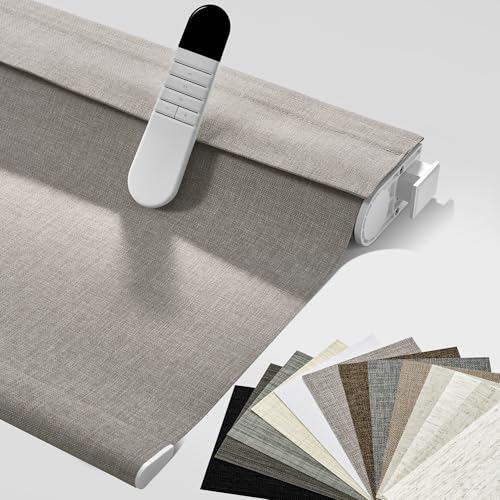 Boolegon Motorized Roller Blinds with Remote, No Drill Smart Roller Shades for Indoor Windows, Blackout Linen Fabric Rechargeable Electric Blinds for Home, Office, Weave Light Brown, Custom Size