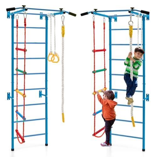 HOMASIS 5 in 1 Spalliera Svedese da Parete, Scala per Ginnastica con Sbarra per Trazioni, Scala a Corda, Corda e Anelli da Ginnastica, Gioco di Arrampicata per Adulti e Bambini dai 3+ Anni (Blu)