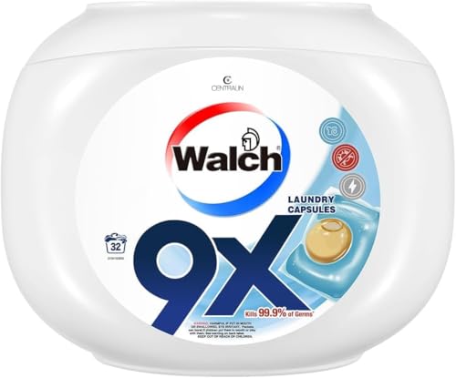 Centralin Walch 9X Antibacterial Laundry Detergent Capsules German Formulated Plant-Based Ingredients with 9X Cleaning Power Kill 99.9% Germs and Anti Dust Mites 32 Pods