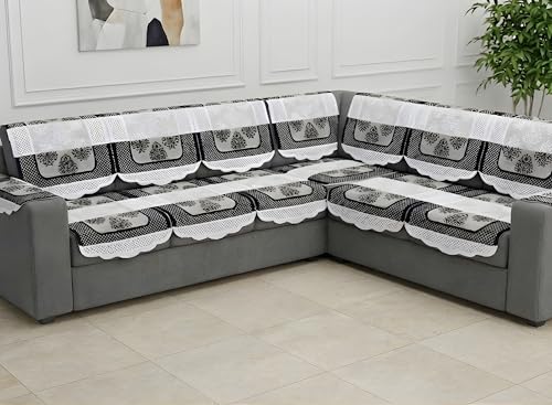 Image of Fab Nation Sofa Cover L Shape 7 Seater with Corner L Type Fully Covered Sofa Set for Living Room | Cotton Sofa Slipcovers for 4 + 3 Seaters Cover with 2 Arms | Black