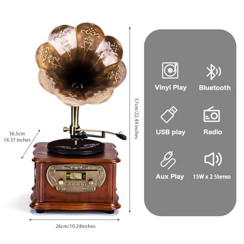 HOFEINZ 天然木材 蓄音機 純銅ホーン 工芸品 マルチレコードプレーヤーVS1723 の商品画像 2
