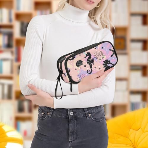 Image of ALAZA Seahorse Star Coral Seashells Pencil Case for Boys Girls Kids Pencil Pouch 3 Compartment Pen Bag Large Capacity Storage Pencil Holder School Students with Zipper