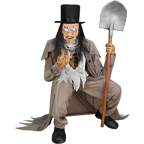 Haunted Hill Farm Motion-Activated Crouching Grave Digger by Tekky, Talking Halloween Animatronic for Indoor or Covered Outdoor Creepy Halloween Decorations, Plug-in or Battery Operated Fright Props