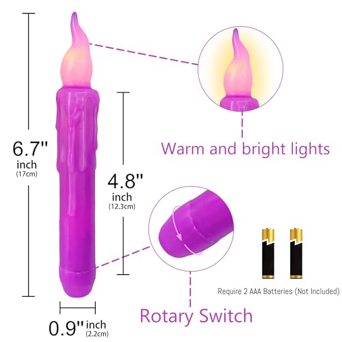 Image of Magical Candlesticks Flameless Taper Candle, 4pcs Real Wax LED Tapered Candles Remote Dipped Candle 6inches Battery Chandelier for Enchanting Weddings Harry Potter Inspired Vigils (Purple)