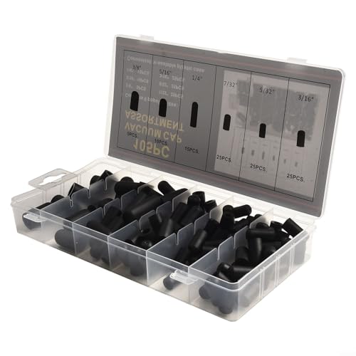 Rubber Vacuum Cap 105 PCS Kit with Assorted Sizes for Automotive, Carburetor, Hose Seal - Flexible High Resistant End in Storage Case