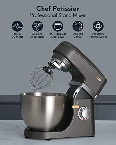 Stand-Mixer-81-Speed-Tilt-Head-600W-Kitchen-Electric-Mixer-with-5QT-Stainless-Steel-BowlPlanetary-Mixing-System-Dough-Hook-Flat-Beater-Whisk-Splash-Guard-Dishwasher-SafeGrey