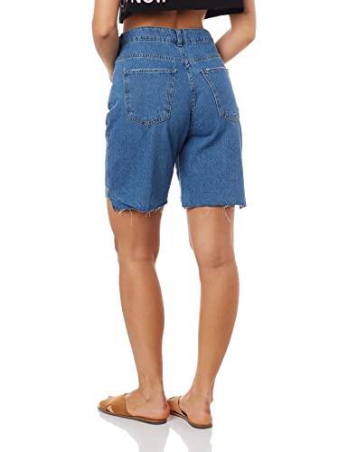 Bermuda Jeans Feminina Com Barras Desfiadas Azul 038