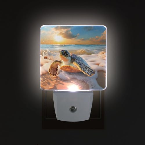 Image of Sea Turtle Sunset Beach Night Lights 2 Pack Plug-in Wall Led Nightlight Auto Dusk-to-Dawn Sensor Lamps for Bedroom Kitchen Bathroom