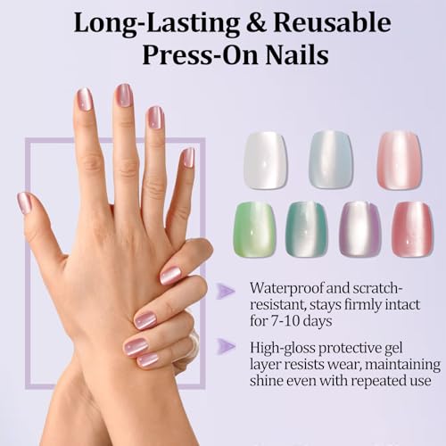Laza 210pcs Cat Eye Press on Nails 7 Colors Macaroon Short Square Fake Nail – vue 3