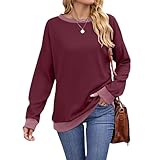 FUNRKLI Color Block Ribbed Trim Womens Sweatshirt Crewneck Long Sleeve Loose Fit Casual Pullover Top Wine Red Small