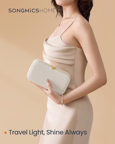 SONGMICS HOME Reise-Schmuckkoffer, Schmuck-Organizer-Box mit Spiegel, Schmuckbeutel, gewebtes geprägtes PU-Leder, tragbare Schmuckaufbewahrung, Weihnachtsgeschenke, Wolkenweiß UJBC197W01