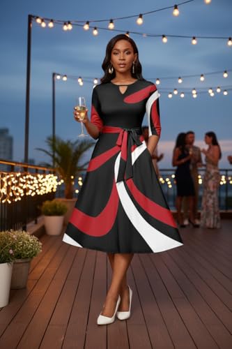 Image of CLOCOR Midi Dresses for Women Casual A-Line Fit and Flare Dress Crewneck 3 /4 Sleeve Keyhole Cocktail Party Church Dress