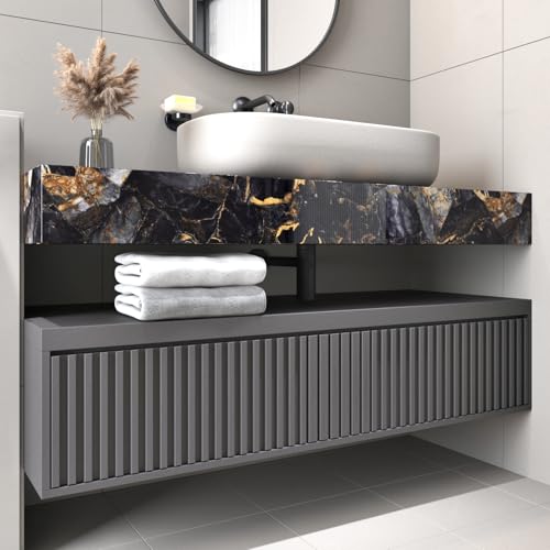 Wallderful Papel de parede com borda de mármore azul escuro e dourado para moldura de espelho, papel