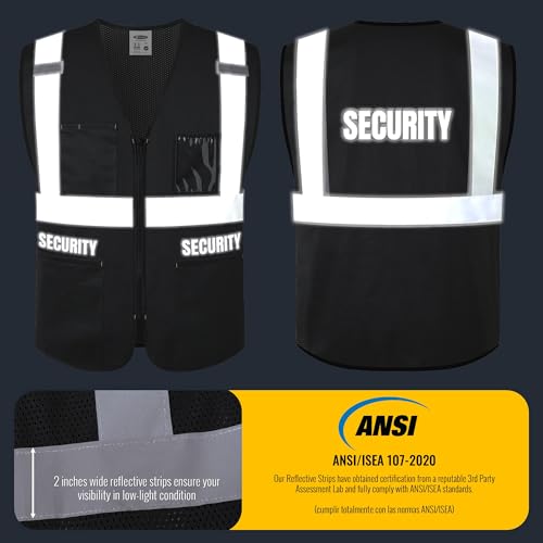 JKSafety Security Vest for Security Guard Hi Vis Safety Vest for Men Women High Visibility Reflective Vests with Pockets and Zipper Front Meet ANSI/ISEA Standard (BX310S-Black L)