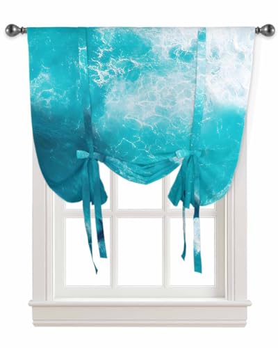 Tie Up Curtains for Kitchen Windows,Summer Watercolor Ocean Shark Adjustable Balloon Shade Curtain Panel Rod Pocket Drapes for Small Window Decor 34